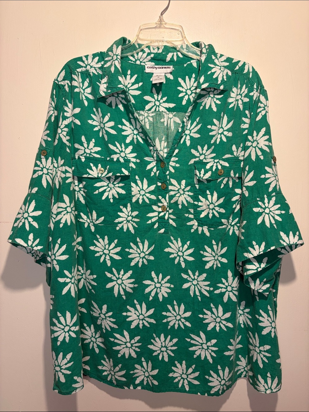 Cathy Daniels Linen Blend Boxy Tropical Wide Sleeves Front Pockets Top Size 3X